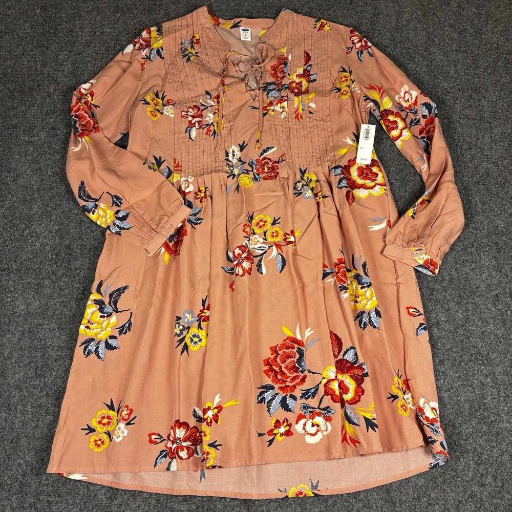 Old Navy Floral Babydoll Dress Womens Small Pink Lace Up‎ V-Neck NWT Boho Mini